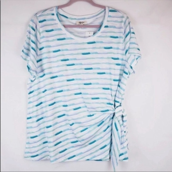 NEW Style & Co Plus Size Tee Shirt Short Sleeve Side Tie Teal White Stripe 2X - Picture 2 of 7